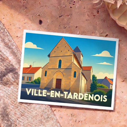 Carte postale souvenir de Ville-en-Tardenois avec une illustration stylisée de son église romane sous un ciel bleu.