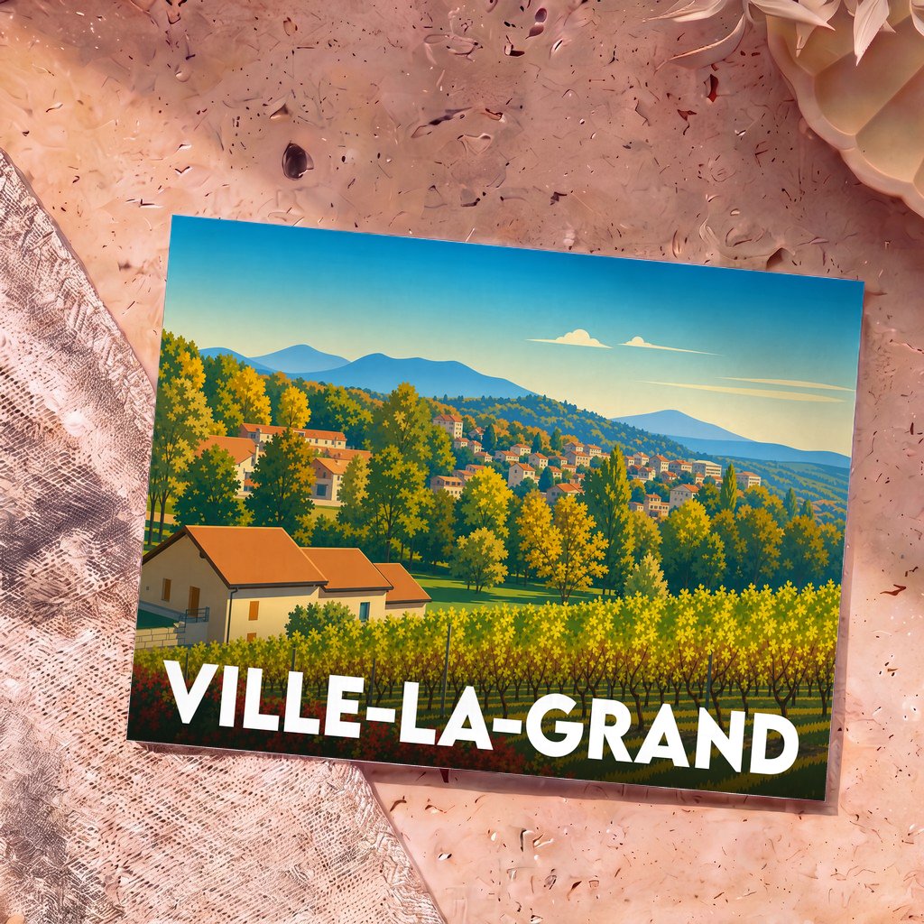 Carte postale souvenir de Ville-la-Grand avec une illustration stylisée de paysages vallonnés et de vignobles.