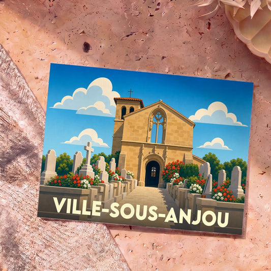 Carte postale souvenir de la ville de Ville-sous-Anjou avec une illustration stylisée de son église et de son cimetière.