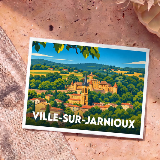 Carte postale souvenir de la ville de Ville-sur-Jarnioux avec une illustration stylisée du village.