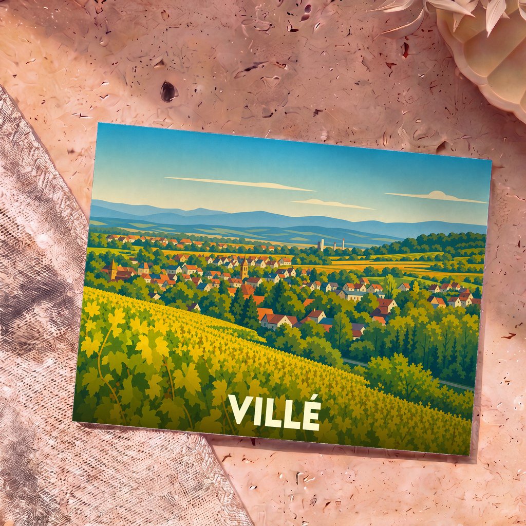 Carte postale souvenir de la ville de Villé avec une illustration stylisée de son paysage de vignobles.