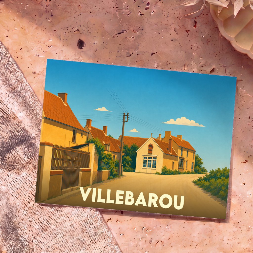 Carte postale souvenir de la ville de Villebarou avec une illustration stylisée et colorée de ses maisons traditionnelles.