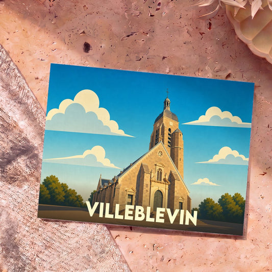 Carte postale souvenir de la ville de Villeblevin illustrant son église dans un style graphique épuré.