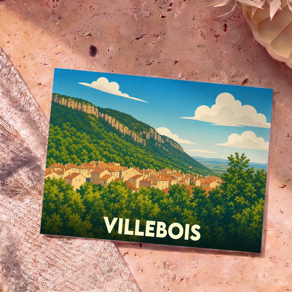 Carte postale souvenir de la ville de Villebois avec une illustration stylisée de ses maisons au pied d'une montagne boisée.