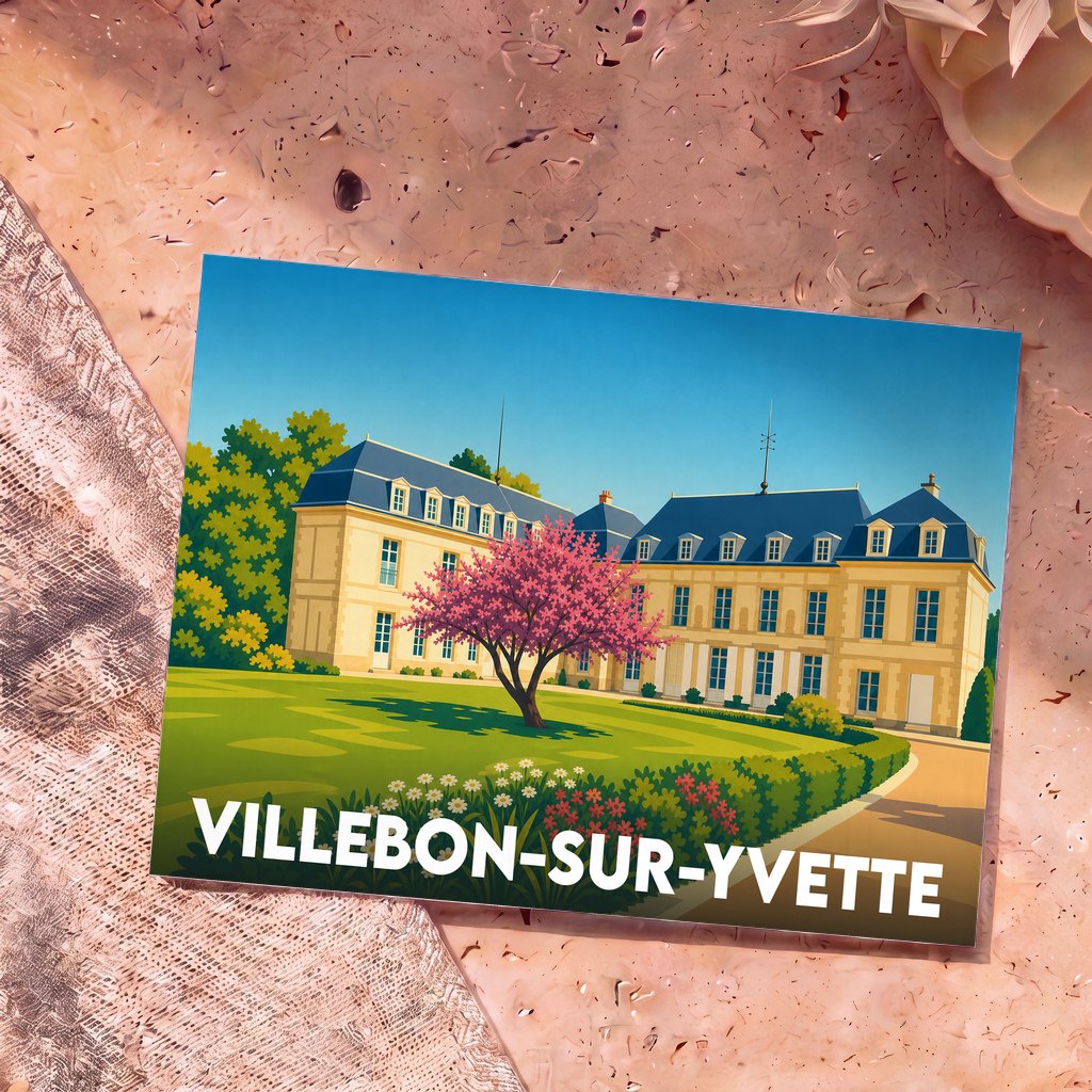 Carte postale souvenir de la ville de Villebon-sur-Yvette avec une illustration stylisée d'un château et d'un jardin.