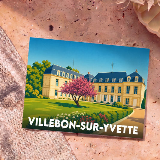 Carte postale souvenir de la ville de Villebon-sur-Yvette avec une illustration stylisée d'un château et d'un jardin.