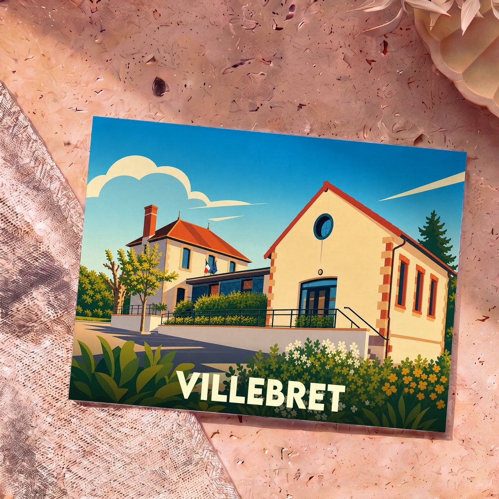 Carte postale souvenir de la ville de Villebret présentant une illustration stylisée de sa mairie et de son école.