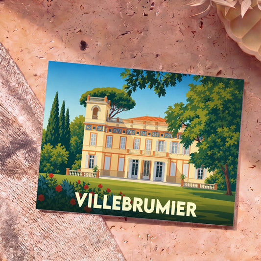 Carte postale souvenir de la ville de Villebrumier avec une illustration stylisée d'une demeure historique.