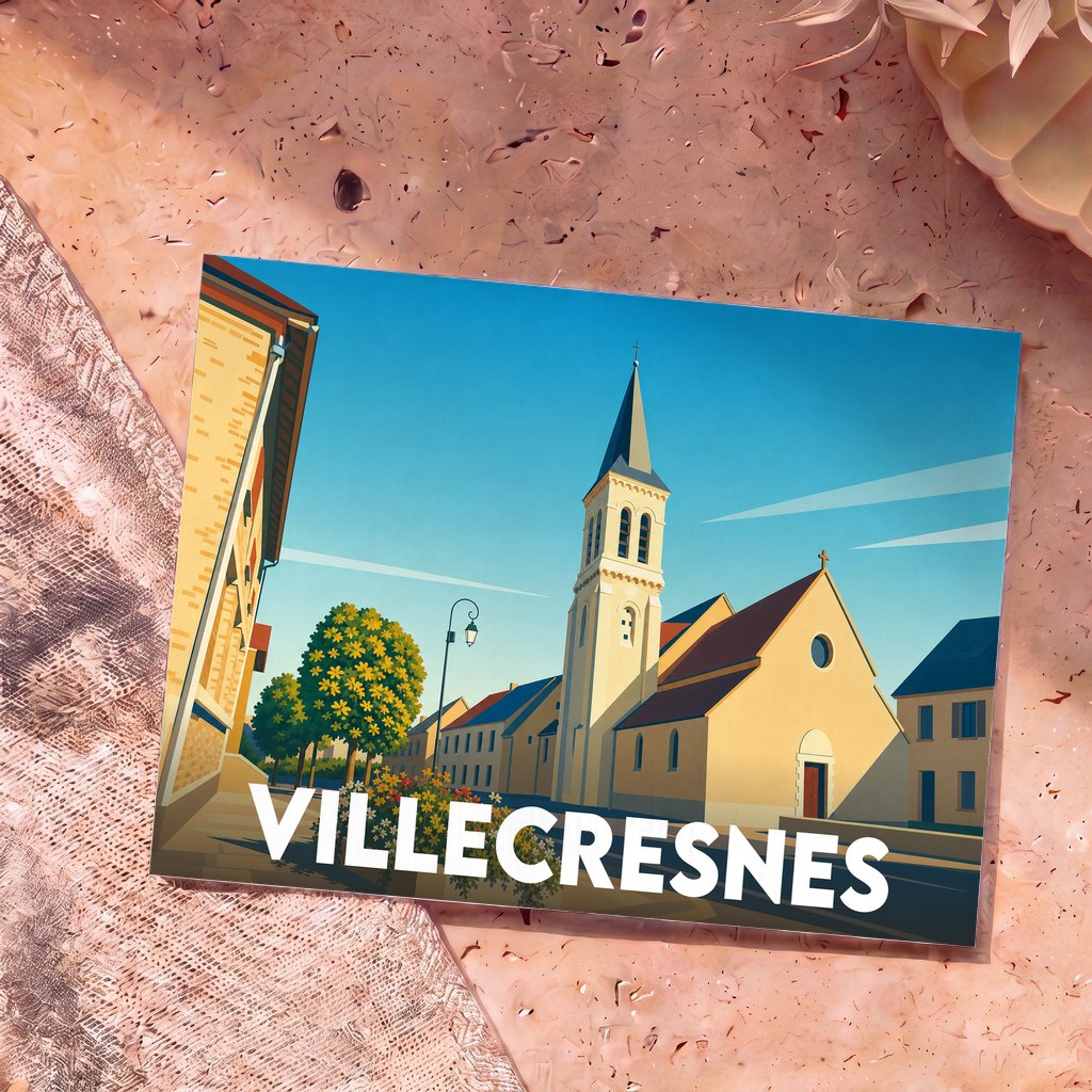 Carte postale souvenir de la ville de Villecresnes avec une illustration stylisée de son église et de son centre-ville.
