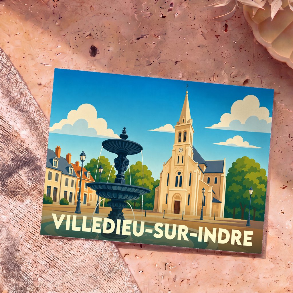 Carte postale souvenir de Villedieu-sur-Indre illustrant une fontaine et l'église du village dans un style graphique épuré.