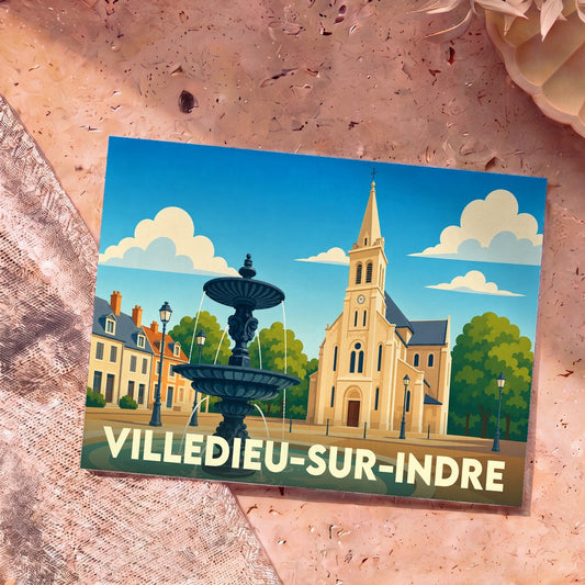 Carte postale souvenir de Villedieu-sur-Indre illustrant une fontaine et l'église du village dans un style graphique épuré.