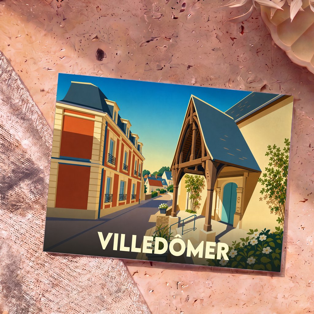 Carte postale souvenir de la ville de Villedômer avec une illustration stylisée de son architecture.