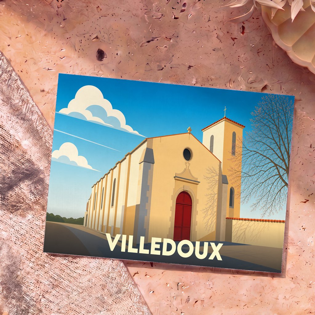 Carte postale souvenir de la ville de Villedoux avec une illustration stylisée de son église.
