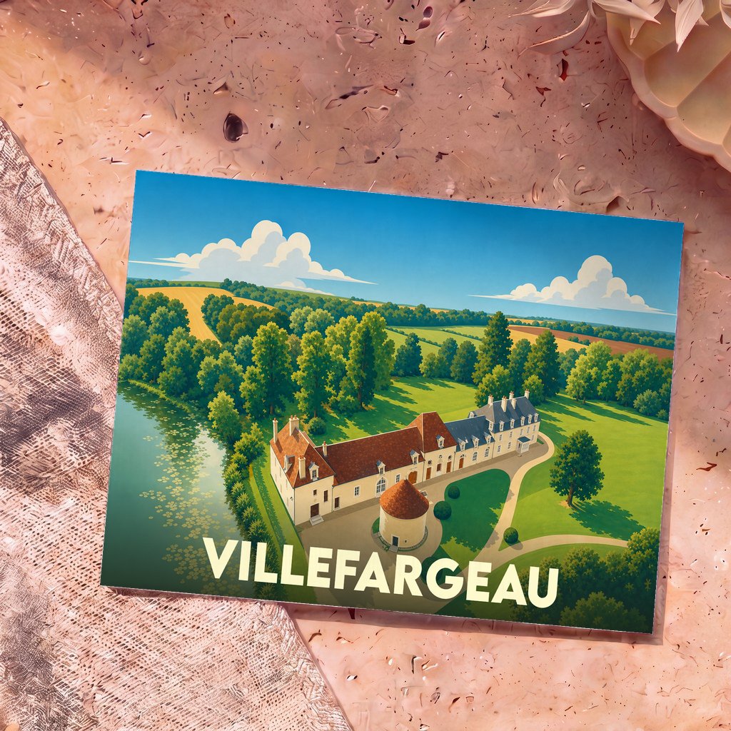 Carte postale souvenir de la ville de Villefargeau illustrant un château entouré de verdure dans un style graphique épuré.