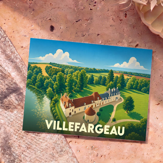 Carte postale souvenir de la ville de Villefargeau illustrant un château entouré de verdure dans un style graphique épuré.