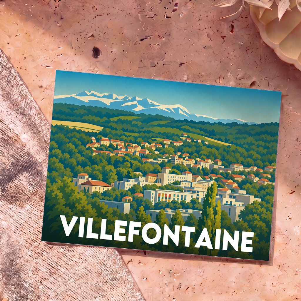 Carte postale souvenir de la ville de Villefontaine avec une illustration stylisée montrant le paysage urbain devant des montagnes enneigées.