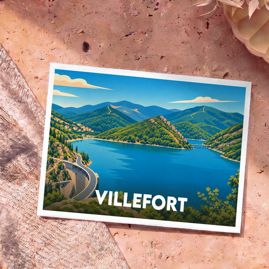 Carte postale souvenir de la ville de Villefort présentant une illustration stylisée de son lac et de ses montagnes.