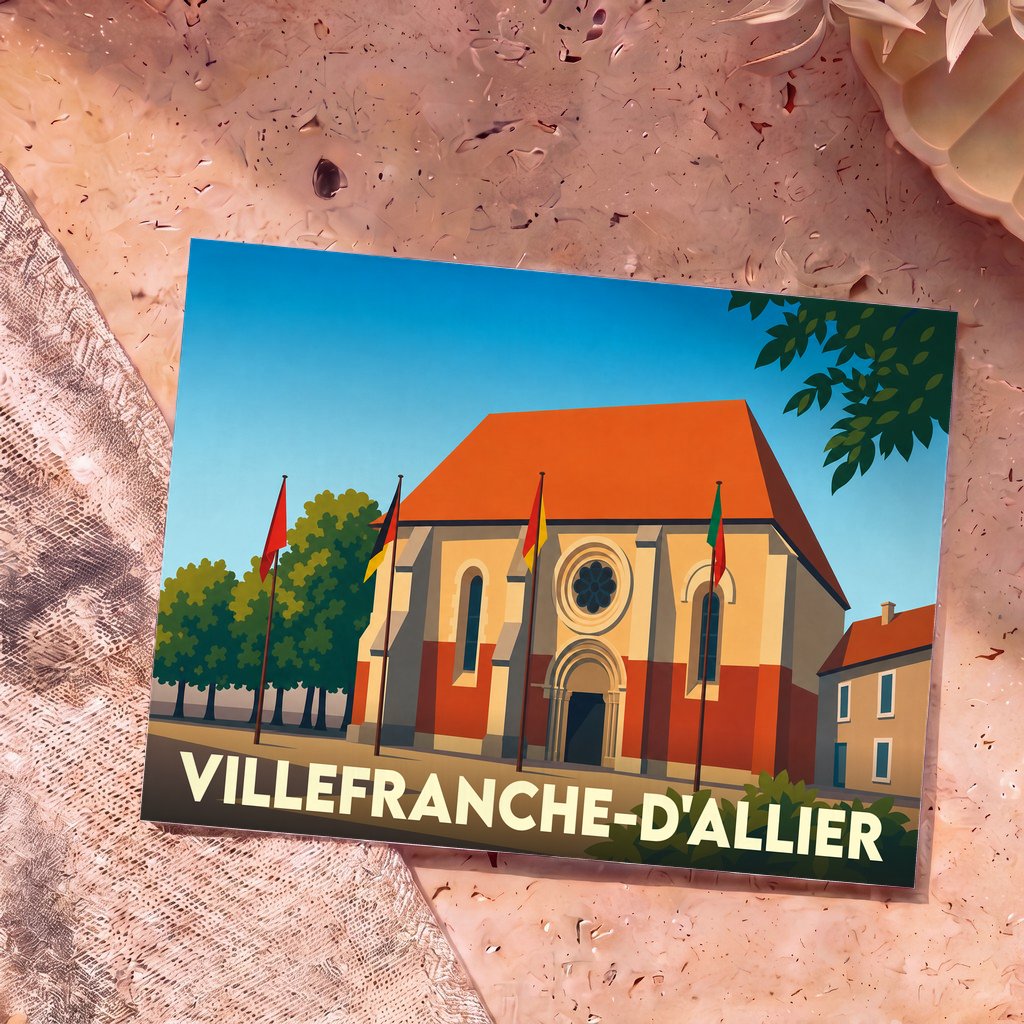 Carte postale souvenir de la ville de Villefranche-d'Allier avec une illustration stylisée de son église.