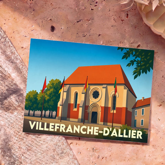 Carte postale souvenir de la ville de Villefranche-d'Allier avec une illustration stylisée de son église.