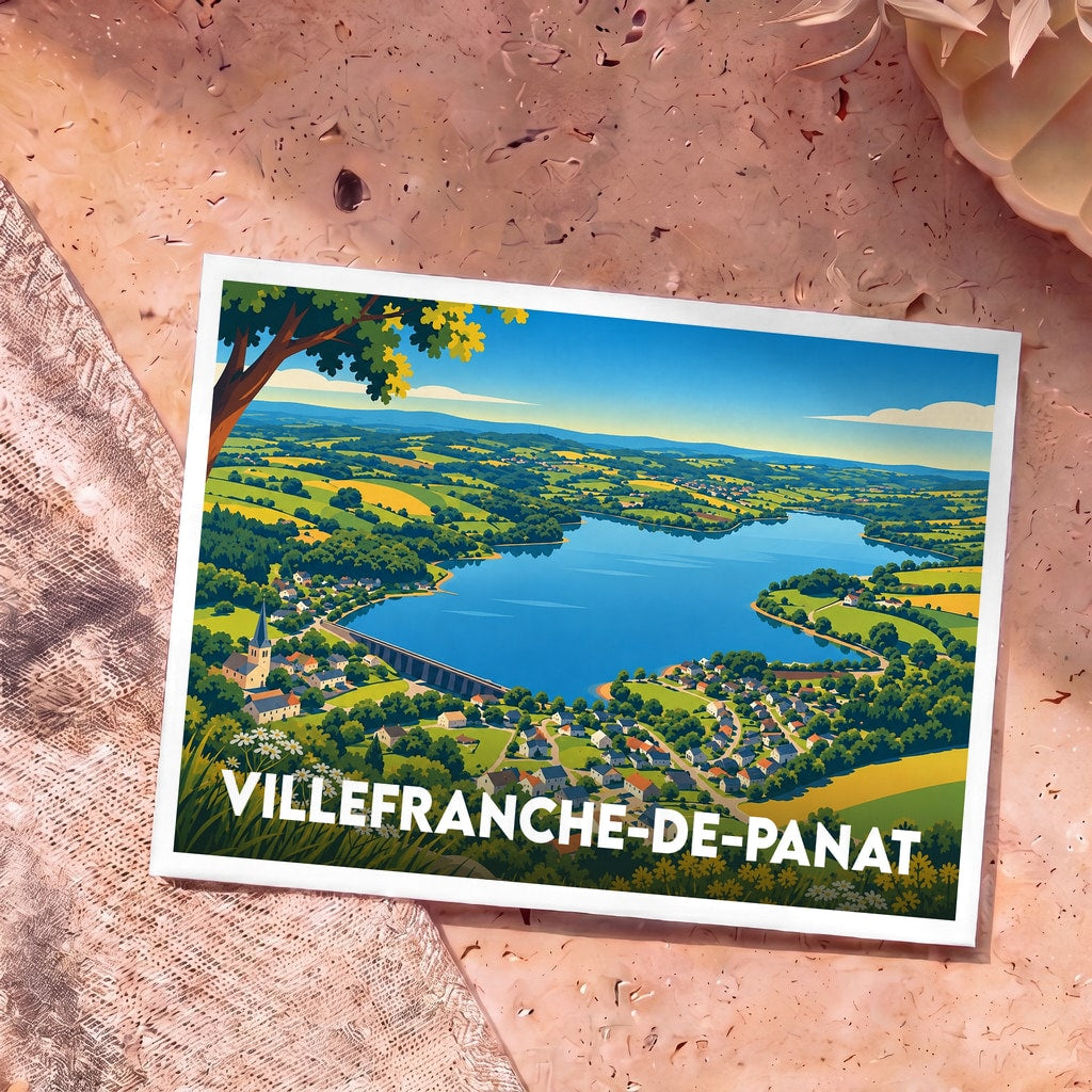 Carte postale souvenir de Villefranche-de-Panat représentant une vue panoramique stylisée de son lac et de son village.
