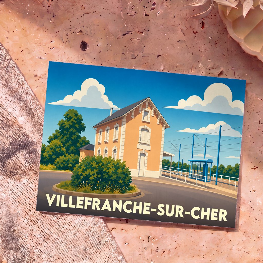 Carte postale souvenir de Villefranche-sur-Cher illustrant sa gare dans un style graphique épuré.