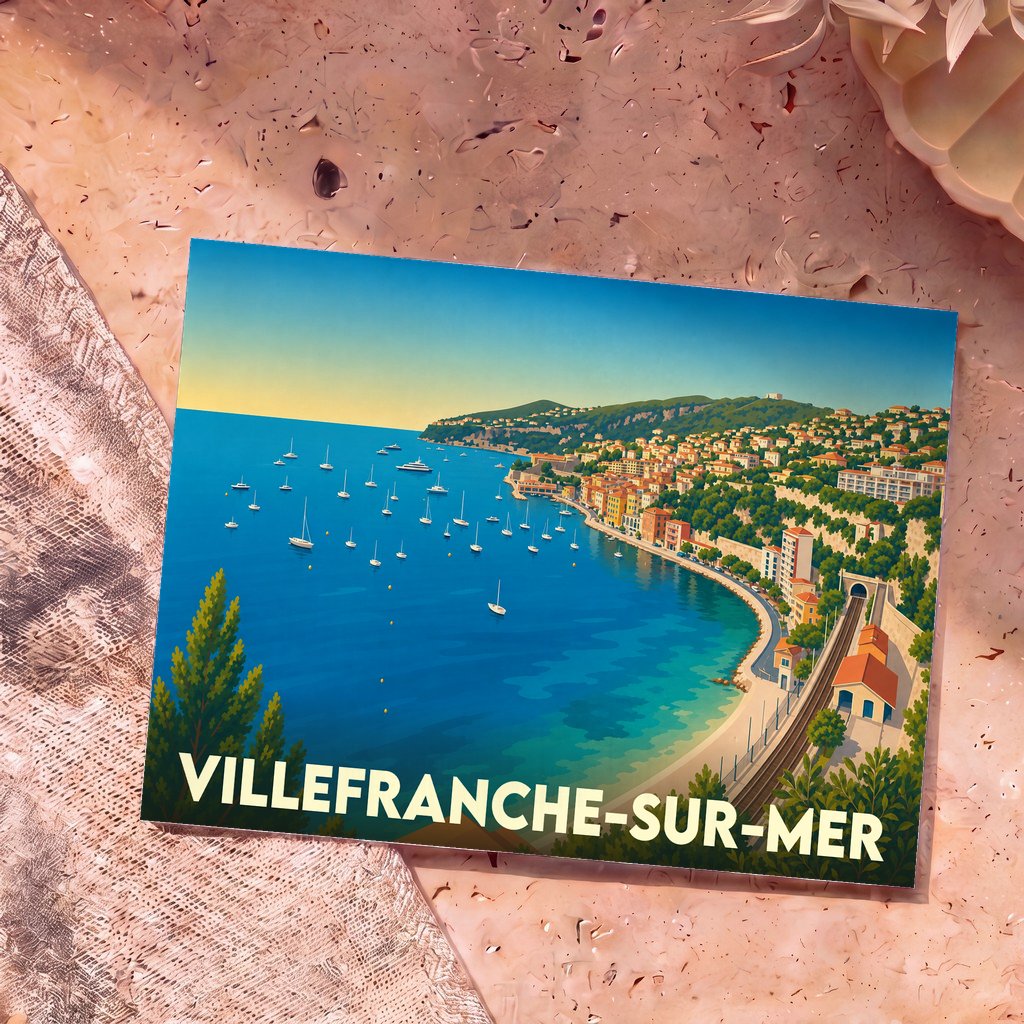 Carte postale souvenir de Villefranche-sur-Mer avec une illustration stylisée de sa baie ensoleillée.