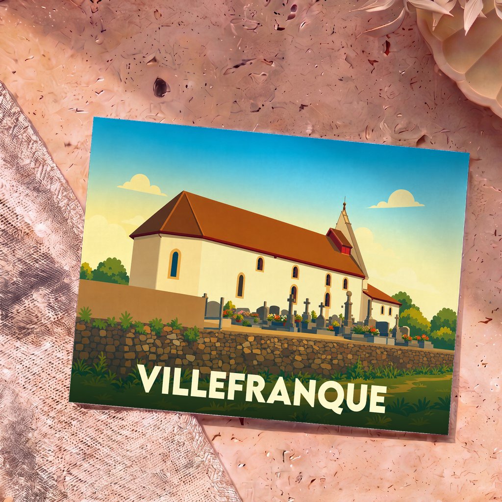 Carte postale souvenir de la ville de Villefranque avec une illustration stylisée de son église et de son cimetière.