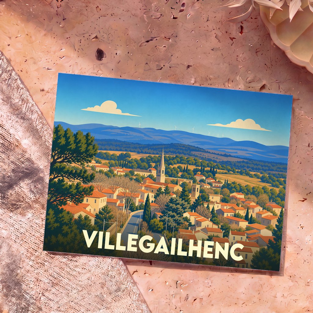 Carte postale souvenir de la ville de Villegailhenc avec une illustration stylisée de son paysage et de ses toits.