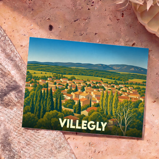 Carte postale souvenir de la ville de Villegly illustrée d'un paysage panoramique coloré et stylisé.
