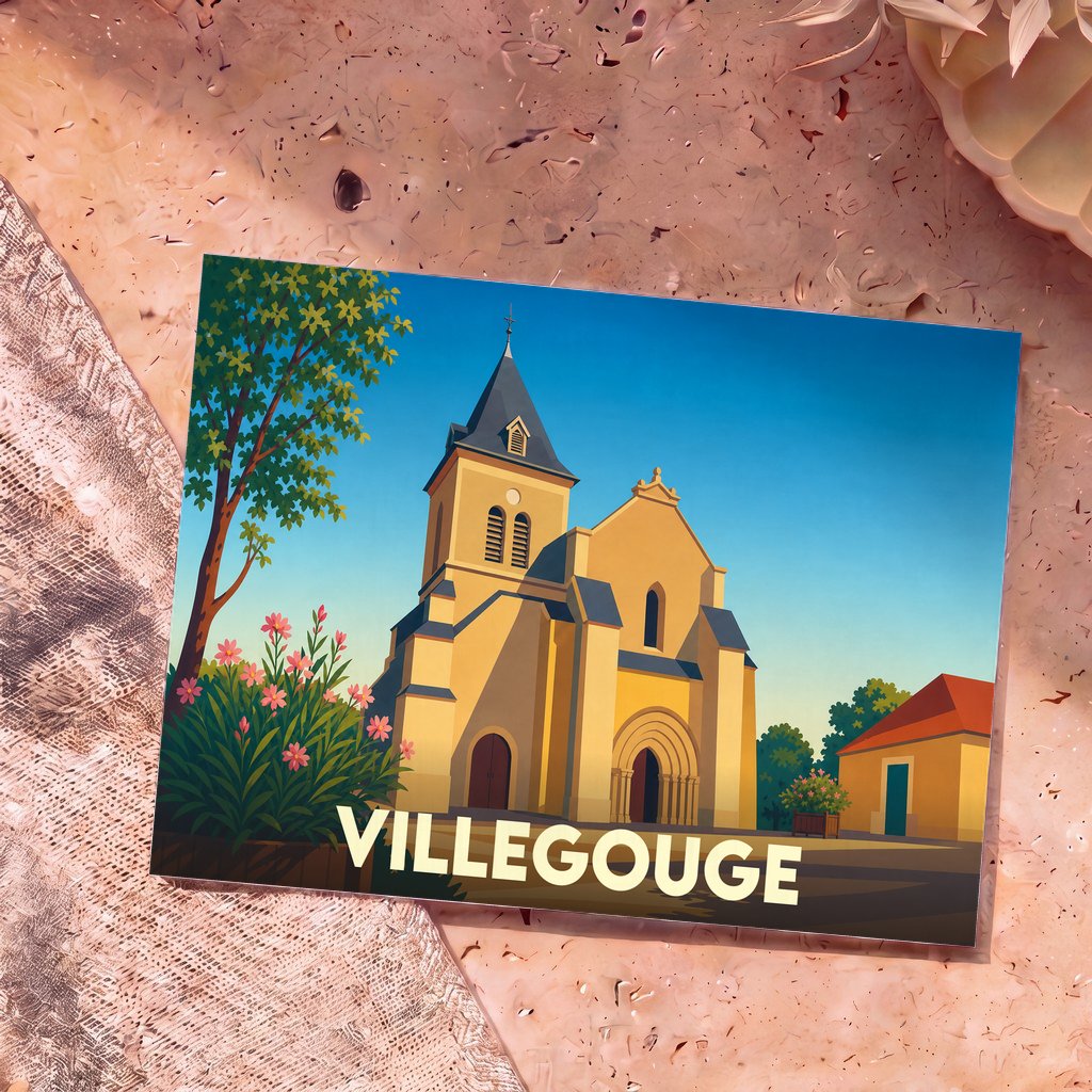 Carte postale souvenir de la ville de Villegouge avec une illustration stylisée de son église sous un ciel bleu.