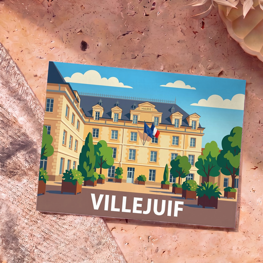 Carte postale souvenir de la ville de Villejuif illustrant l'hôtel de ville dans un style graphique épuré.
