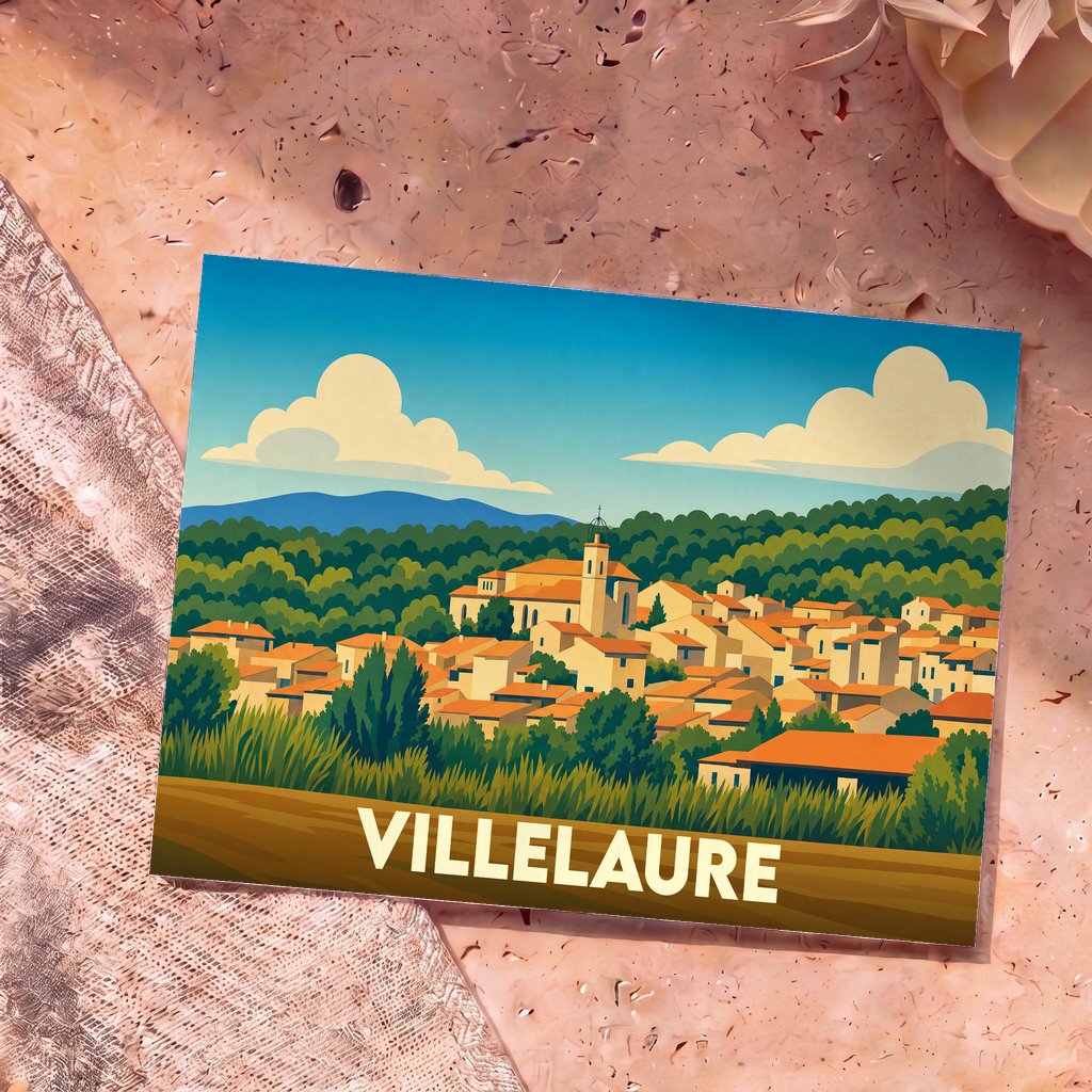 Carte postale souvenir de la ville de Villelaure avec une illustration stylisée de ses maisons provençales.