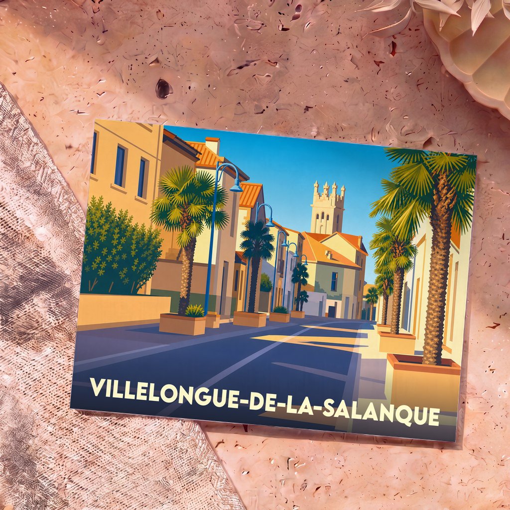 Carte postale souvenir de Villelongue-de-la-Salanque avec une illustration stylisée d'une rue ensoleillée bordée de palmiers.