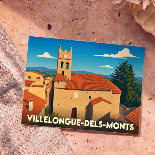 Carte postale souvenir de la ville de Villelongue-dels-Monts avec une illustration stylisée de son église et de ses toits typiques.