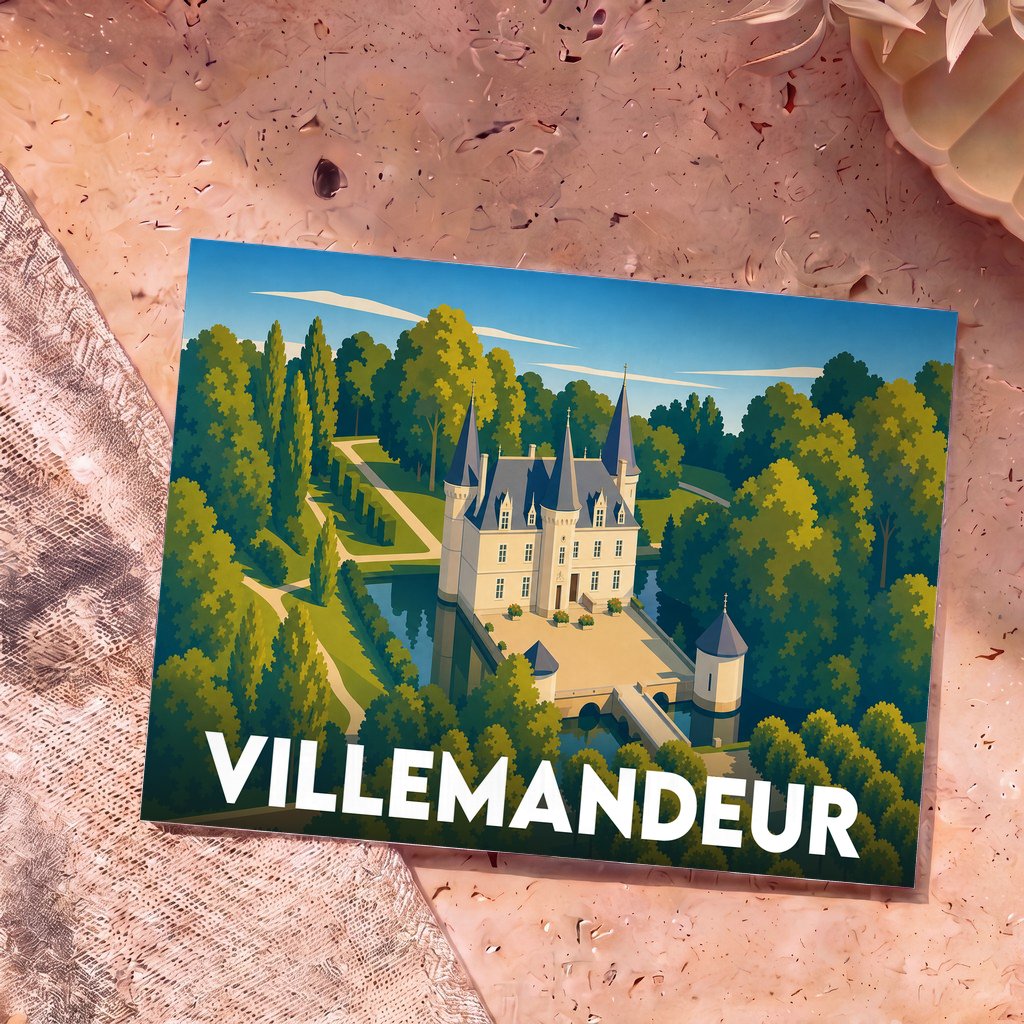 Carte postale souvenir de la ville de Villemandeur avec une illustration stylisée d'un château entouré de verdure.