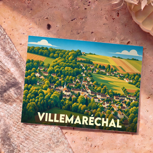Carte postale souvenir de Villemaréchal présentant une illustration stylisée et colorée du village niché dans la verdure.