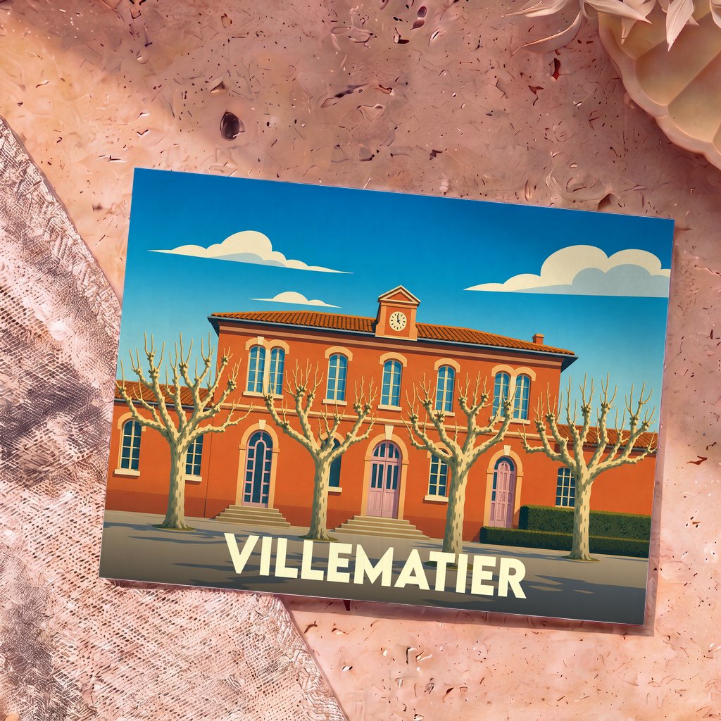 Carte postale souvenir de la ville de Villematier représentant sa mairie illustrée de manière stylisée.