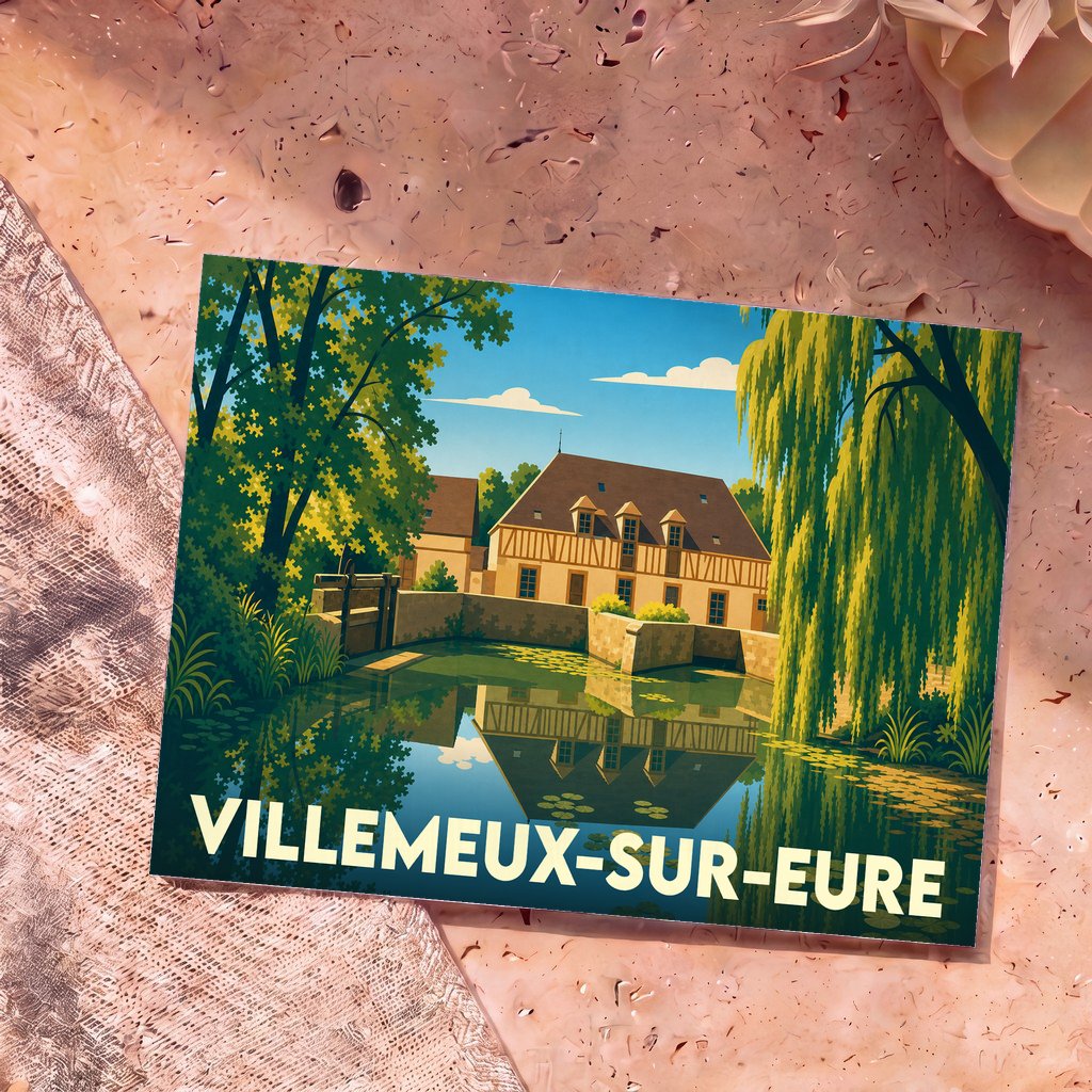 Carte postale souvenir de la ville de Villemeux-sur-Eure avec une illustration stylisée d'un moulin se reflétant dans l'eau.