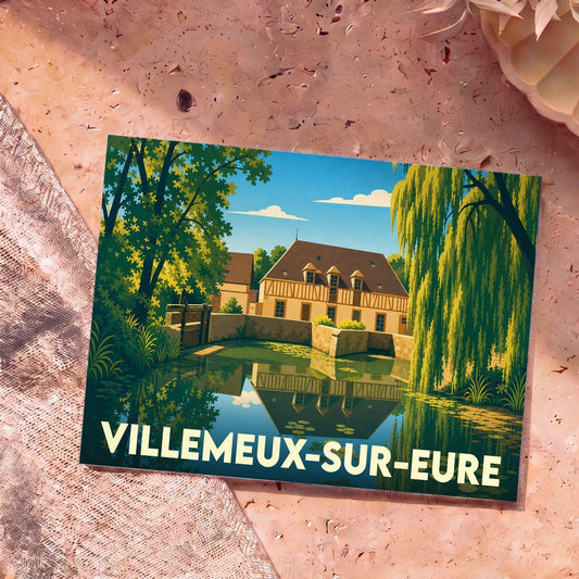 Carte postale souvenir de la ville de Villemeux-sur-Eure avec une illustration stylisée d'un moulin se reflétant dans l'eau.