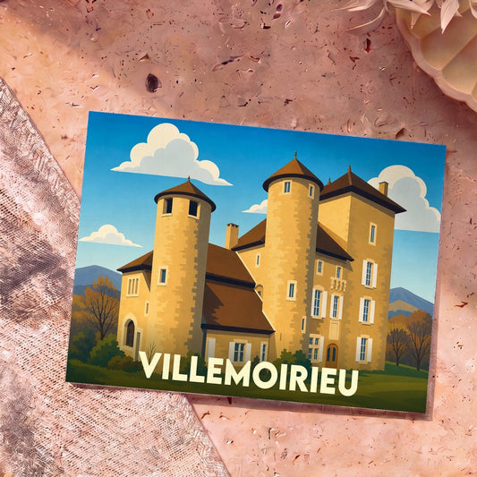 Carte postale souvenir de la ville de Villemoirieu avec une illustration stylisée de son château.