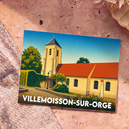 Carte postale souvenir de Villemoisson-sur-Orge illustrant son église dans un style graphique épuré.