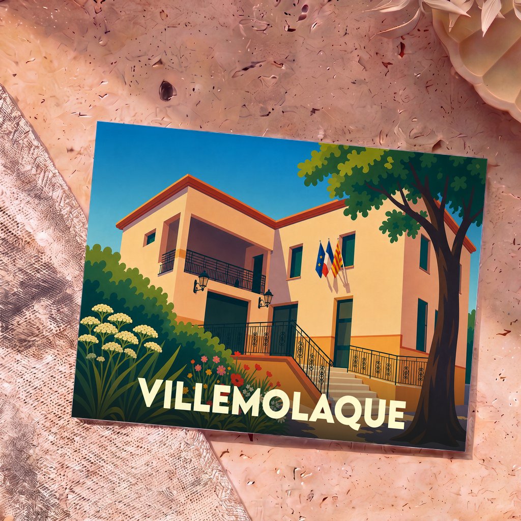Carte postale souvenir de Villemolaque illustrant la mairie dans un style graphique épuré et coloré.
