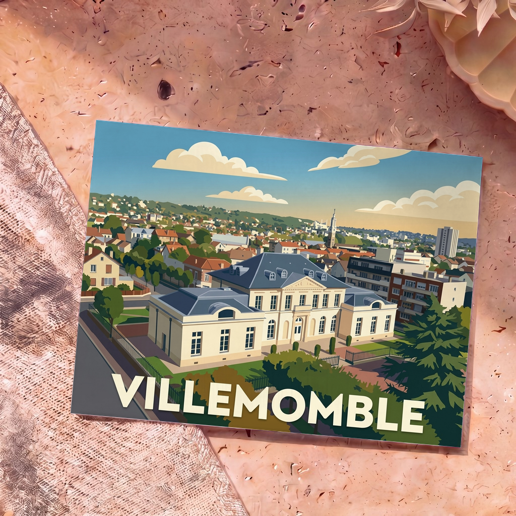 Carte postale souvenir de la ville de Villemomble avec une illustration stylisée de son hôtel de ville.