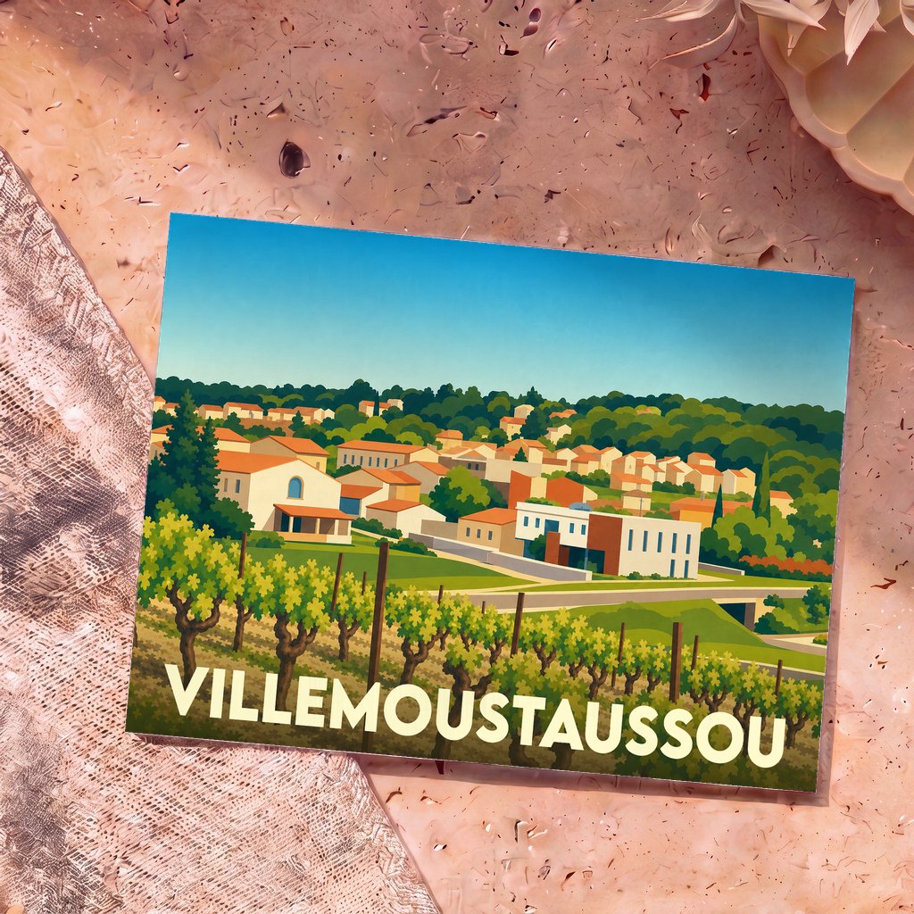 Carte postale souvenir de Villemoustaussou avec une illustration colorée et stylisée représentant ses vignes et son village.