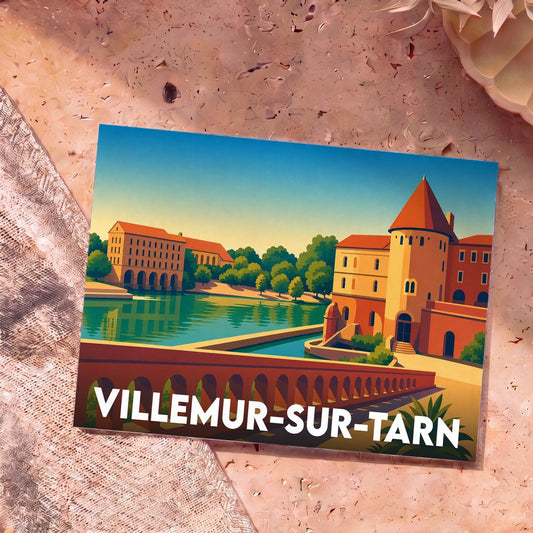 Carte postale souvenir de la ville de Villemur-sur-Tarn avec une illustration stylisée de ses monuments en bord de rivière.