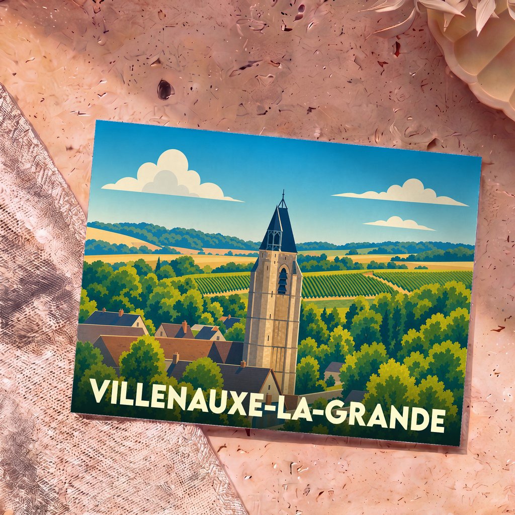 Carte postale souvenir de la ville de Villenauxe-la-Grande avec une illustration stylisée d'une église et de vignobles.