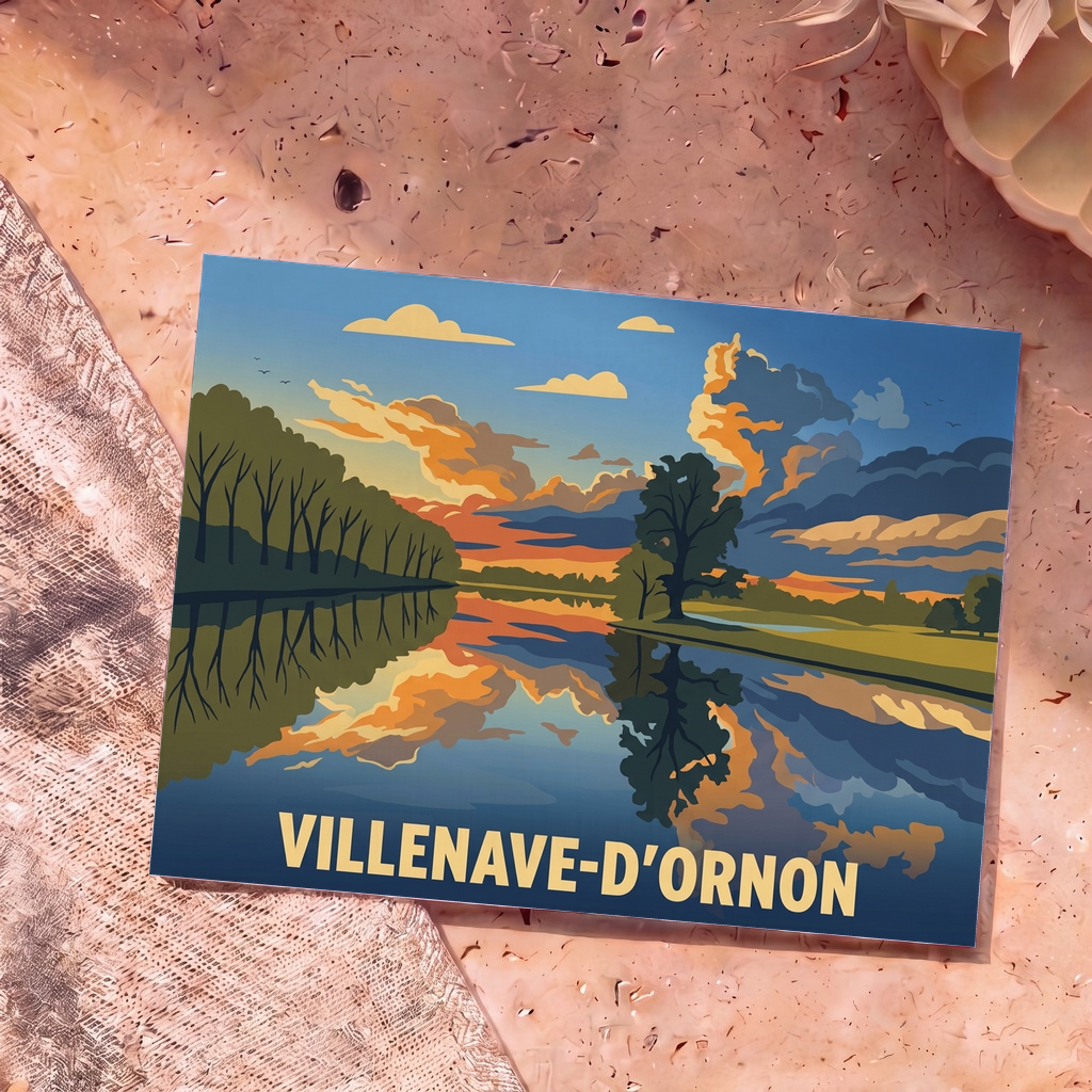 Carte postale souvenir de la ville de Villenave-d'Ornon illustrant un coucher de soleil se reflétant sur l'eau.