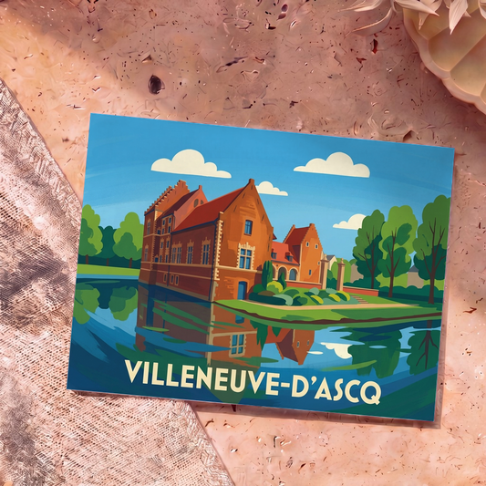Carte postale souvenir de la ville de Villeneuve-d'Ascq illustrant son château au bord de l'eau dans un style graphique épuré.