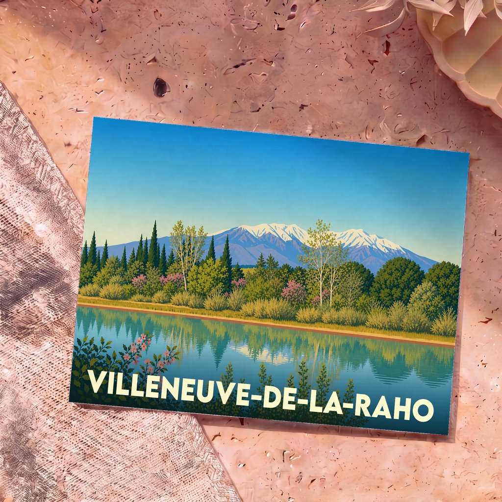 Carte postale souvenir de la ville de Villeneuve-de-la-Raho avec une illustration stylisée du lac et des montagnes.