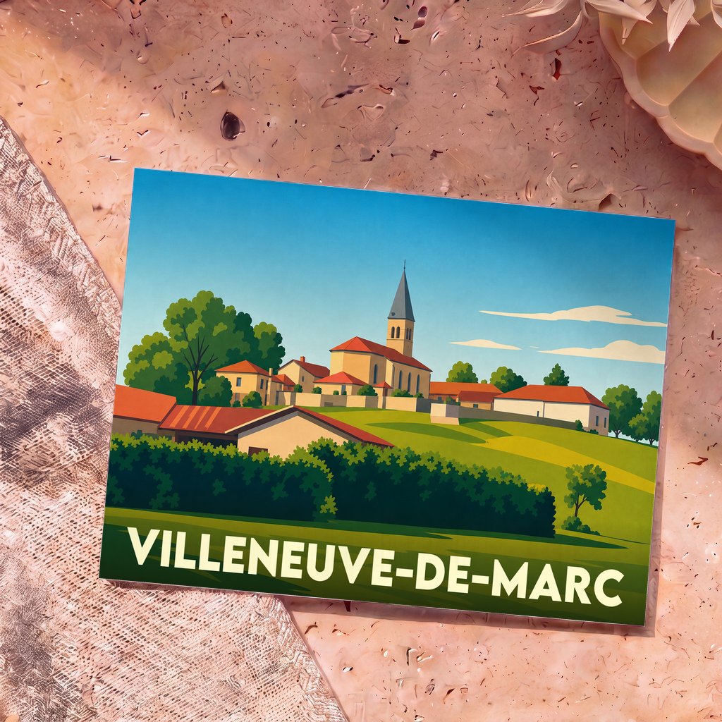 Carte postale souvenir de la ville de Villeneuve-de-Marc avec une illustration stylisée.